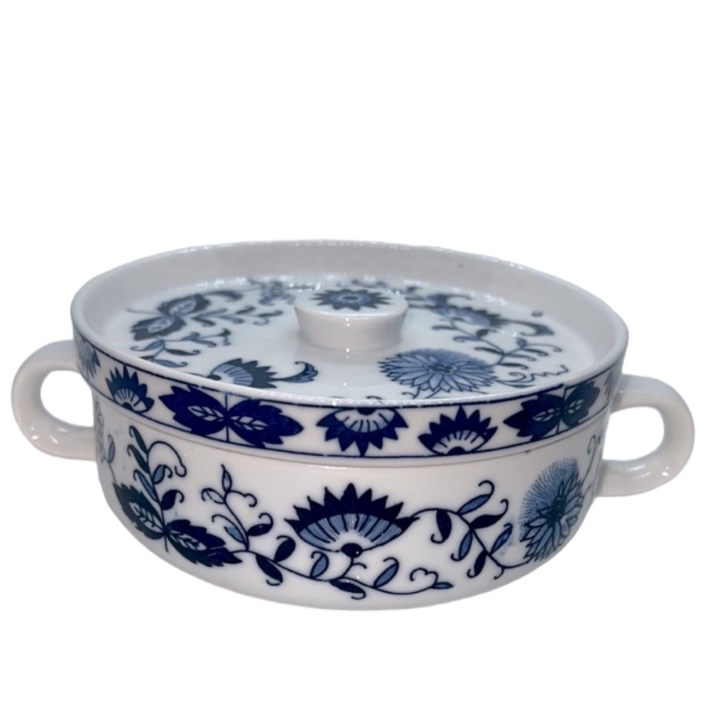BLUE OYSTER CERAMIC INDIVIDUAL CASSEROLE DISH WITH DOUBLE HANDLES & LID, VINTAGE